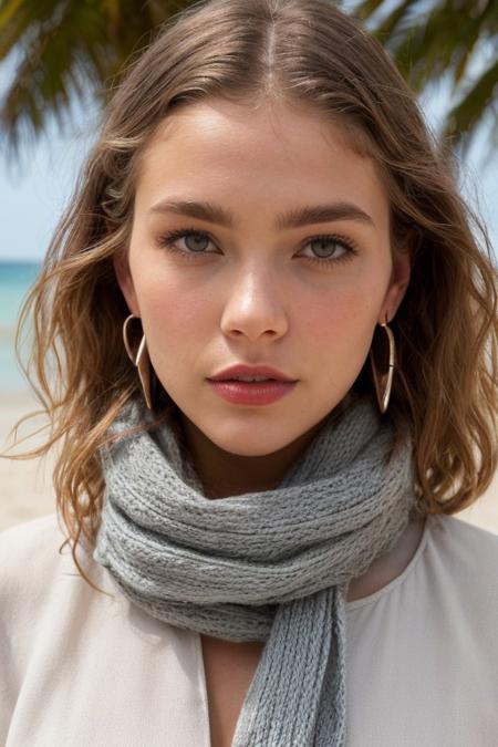 A structured jumpsuit with espadrilles and a scarf, poised, Escort, Average Height, Narrow Hips, Diamond-Shaped Face, pale Skin, grey-blue Eyes, Straight Nose, puffy Lips, Receding Chin, Long wavy strawberry blonde Hair, round breasts, Threader earrings, pink matte lipstick, Barbara Palvin, a secluded, sandy beach at sunset