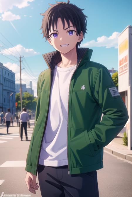 akiratendou, <lora:akira tendou s1-lora-nochekaiser:1>,
akira tendou, short hair, black hair, male focus, wide-eyed, (purple eyes:1.1), smile, grin,
BREAK shirt, jacket, white shirt, open clothes, pants, open jacket, black pants, green jacket,
BREAK outdoors, city, sun, sky, clouds,
BREAK looking at viewer, (cowboy shot:1.5),
BREAK <lyco:GoodHands-beta2:1>, (masterpiece:1.2), best quality, high resolution, unity 8k wallpaper, (illustration:0.8), (beautiful detailed eyes:1.6), extremely detailed face, perfect lighting, extremely detailed CG, (perfect hands, perfect anatomy),