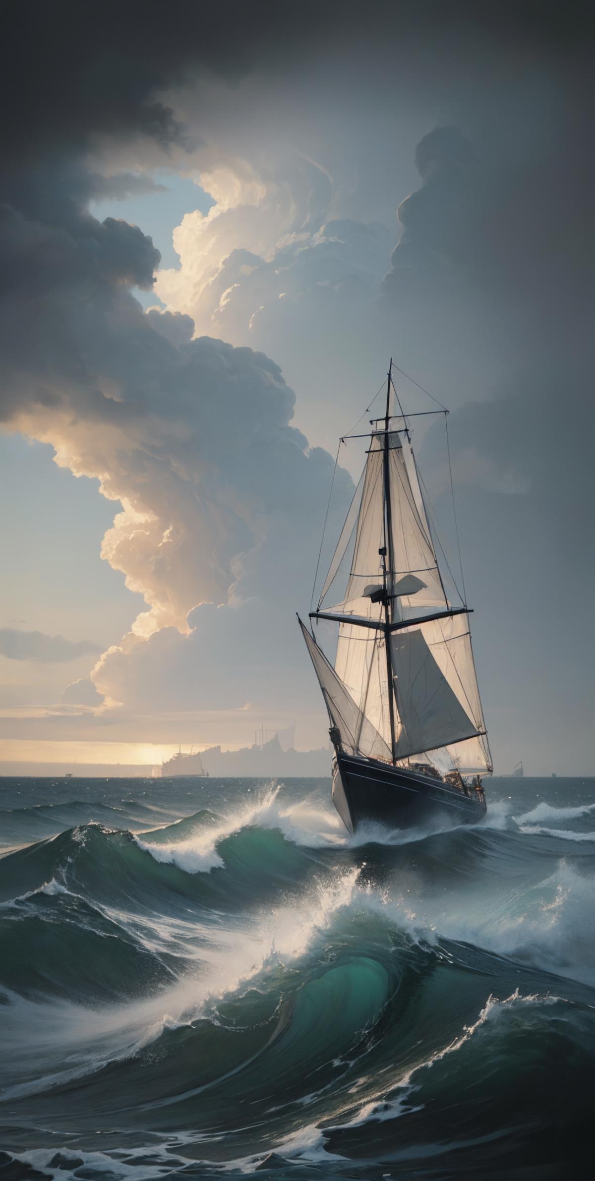 A large sailing ship in the middle of a stormy sea.