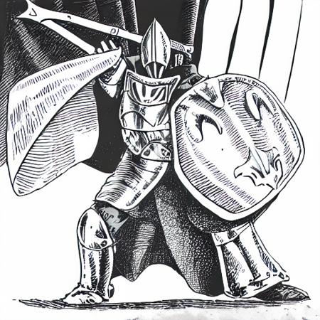 NauSKaaValOfWi, monochrome, greyscale, weapon, armor, helmet, sword, cape, holding_weapon, holding, 1boy, full_armor, male_focus, holding_sword, solo, gauntlets, shield, knight, full body