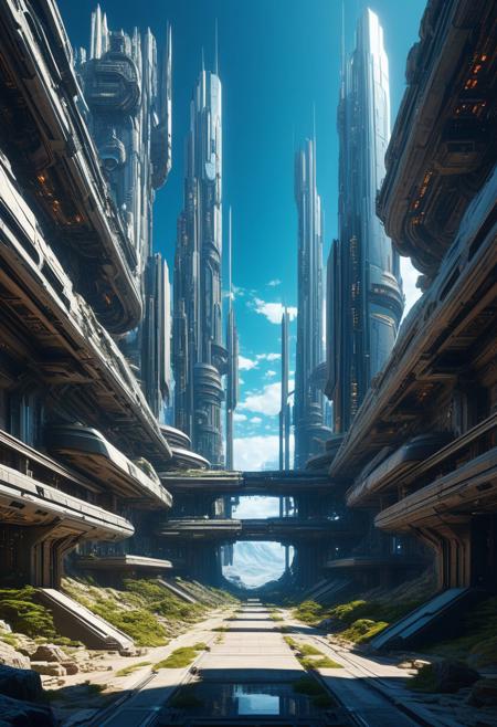 Beautiful architectural ruins of a desolated majestic futuristic technologically advanced cyberpunk scientist civilization in space, split into Nine Sections, each section is done by a different artist, Hyper detailed digital matte painting, beautiful landscape concept art, hyperrealism, 16k resolution, Cinema 4D, 8k resolution, trending on artstation, behance HD, a masterpiece, illustration render cinema octane x-particle HDR DLSR detailed sophisticated 16k Behance HD, Epic 3D Videogame Graphics, Intricately Detailed, refined, defined, follow negative prompts