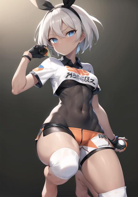 <lora:bea:0.7>, bea,1girl, solo, breasts, looking at viewer, short hair, bangs, blue eyes, shirt, gloves, holding, short sleeves, grey hair, hairband, parted lips, shorts, barefoot, collared shirt, dark skin, feet, dark-skinned female, grey eyes, bodysuit, covered navel, toes, soles, black hairband, wristband, single glove, poke ball, black bodysuit, holding poke ball, tied shirt, knee pads, print shirt, bodysuit under clothes, dynamax band, print shorts, ultra ball