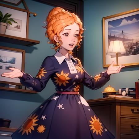 ((masterpiece, best quality)),(complex lighting),1girl, Valerie frizzle,dress,  <lora:Ms_frizzle1-10:0.8>