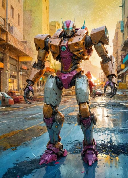 cgi, high quality render of mecha robot, perfect environment, city, sci-fi, extremely detailed, dof, bokeh