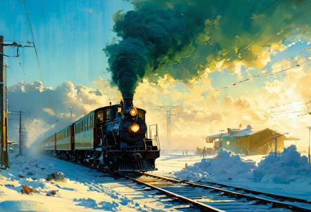 ((masterpiece, best quality, high quality, high resolution, ultra-detailed)), ,moving train through the snow<lora:soldart:0.6> <lora:AngelicAI:0.1> <lora:add_detail:1>,, with a moving train in the background, blue sky, sunny day, epic clouds, (oil painting: 0.1), (best quality, 8K, high resolution, exceptional detail, outstanding composition: 1.4), art by Jeremy Mann, divine rays, dramatic light, (rich oxygenated air and protected atmosphere, aesthetics of hard painting: 0.1),