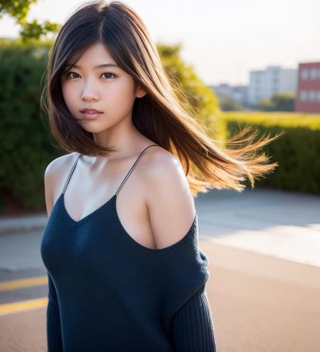 solo,1girl,looking at viewer,shiny skin, skindentation, strap slip, (floating_hair),wind,sunrise ,(smiling:1.05),(shiny skin:1.1),asian,
 classroom ,
photo referenced,best quality, ultra high res, (photorealistic:1.4),  (detailed face and eyes),