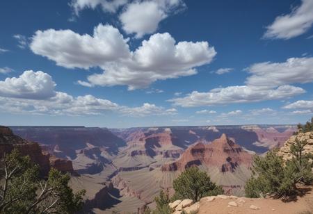 masterpiece, photorealistic, the grand canyon, scrub brush, blue sky, wispy clouds, serene, peaceful, uninhabited