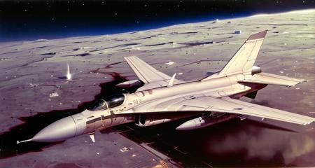 fighter jet, airplane, aircraft, no humans, flying, skyscrapers, military, on the moon, ground,