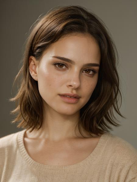 Realistic photo of a beautiful n4t4l13p-v2 woman,  1girl, solo, looking at viewer, short hair, simple background, brown hair, brown eyes, parted lips, teeth, mole, sweater, lips, mole under eye, freckles, realistic, mole on cheek, realistic, soft lighting, professional Photography, Photorealistic, detailed, RAW, analog, sharp focus, 8k, HD, high quality, masterpiece<lora:n4t4l13p-v2:1.0>