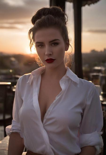 1girl, 18yo, collared shirt, forehead, hair updo, red lips, cleavage, backlight, sunset, nsfw, evening, cafe, wind, glossy sweaty skin,
highly complex, highly detailed, glowing, dramatic, ambient background, great light, quality, winning, highly contrasted, beautiful detailed