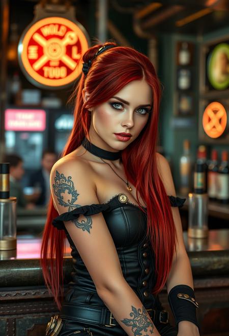 portrait photography,high quality,high resolution,4k HDR,realistic,young woman 21 years old,beautiful slim curvy and tapered body,long straight red hair in a tail,green eyes,beautiful sweet graceful face very feminine with some freckles,light skin with tattuaggi,wearing sexy and revealing steampunk style clothes,sitting at a bar counter fromo industrial style reto futuristic