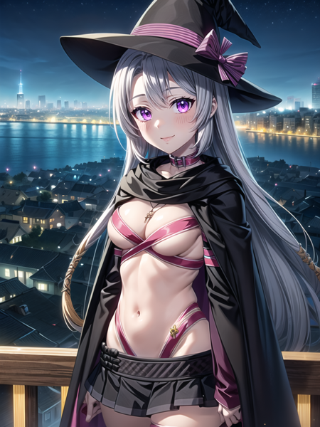 long hair,hat,witch hat,purple eyes,cape,1girl,blush,solo,looking at viewer,skirt,thighhighs,large breasts,ribbon,navel,striped,belt,grey hair,detached sleeves,bow,cleavage,white hair,collar,hat bow,single thighhigh,black skirt,pleated skirt,black headwear,very long hair,miniskirt,beltbra,jewelry,black capehair between eyes,necklace,boots,City Background