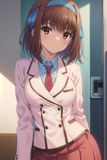 soratakanashi, <lora:sora takanashi s1-lora-nochekaiser:1>,
sora takanashi, short hair, brown hair, ribbon, (brown eyes:1.5), hair ribbon, ahoge, hairband, blue ribbon, blue hairband,
BREAK skirt, school uniform, jacket, necktie, blazer, (pink blazer:1.2), (red skirt:1.2),
BREAK indoors, classroom,
BREAK looking at viewer, (cowboy shot:1.5),
BREAK <lyco:GoodHands-beta2:1>, (masterpiece:1.2), best quality, high resolution, unity 8k wallpaper, (illustration:0.8), (beautiful detailed eyes:1.6), extremely detailed face, perfect lighting, extremely detailed CG, (perfect hands, perfect anatomy),