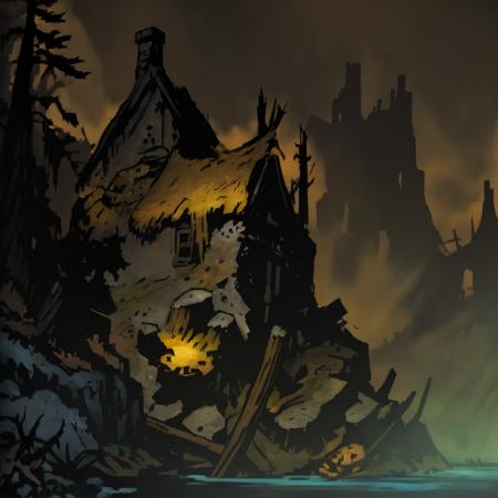 portrait, impressionistic painting by John Longstaff, DarkestDungeon, DDAreaNone, (thatch hut, shipwreck), pond, grey stone cliffs, pine trees atop cliffs, bright blue summer sky, clouds lit from beneath by yellow early morning sunlight, beautiful nature scene, idyllic, (HL2 beta, Half-Life 2 concept art, quarrytown, furnace, pistons), (extremely dark), masterpiece, best quality, cinematic composition, vibrant, best lighting