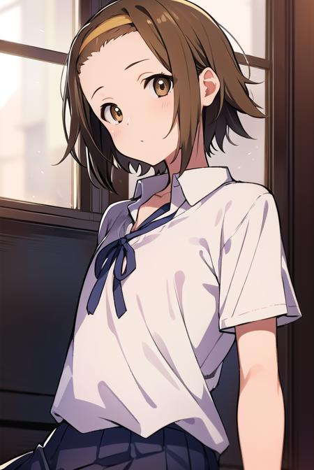 ritsutainaka, <lora:ritsutainakatest:1>, ritsu tainaka, (brown eyes:1.7), light brown hair, (forehead:1.5), hairband, short hair, (flat chest:1.2), BREAK sakuragaoka high school uniform, school uniform, BREAK looking at viewer, BREAK indoors, classroom, BREAK <lora:GoodHands-vanilla:1>, (masterpiece:1.2), best quality, high resolution, unity 8k wallpaper, (illustration:0.8), (beautiful detailed eyes:1.6), extremely detailed face, perfect lighting, extremely detailed CG, (perfect hands, perfect anatomy),