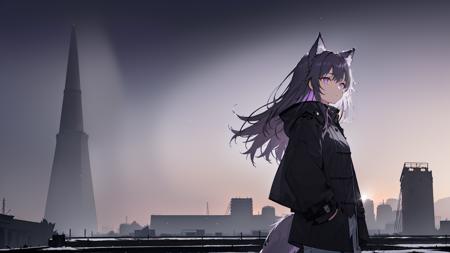 (((2girls))),(girls),(((slice of life))),(((masterpiece, best quality, extremely detailed, delicate colors, illustration, highres, 8k))) , (((wolfgirl))),(((animal ears))), ((wolf ears)),((wolf tail)), ((cyberpunk)), (((night time))), (((dark hair, purple hair, violet hair, long hair, big eyes, grey eyes,beautiful grey eyes,deep blue inner color, grey hair, half body))), (((night))),(((night time))),(((outdoors, fire))), (((coat))), (((black coat))), (((white coat, trousers, grey trousers,, pockets))), (((night, nighttime, winter, outdoors, snow,snowing, heavy snow, snow field, outside, outside a house, electric tower, industry, facility, factory, machines, highway))) (((flare, lens flare, cyberpunk, neon))), (((beam, dark sky, clouds, cloudy, storm clouds))), (((accompany, from side))), (((ruins, close up, light, crystal, backlighting))), <lora:backlighting:0.5>