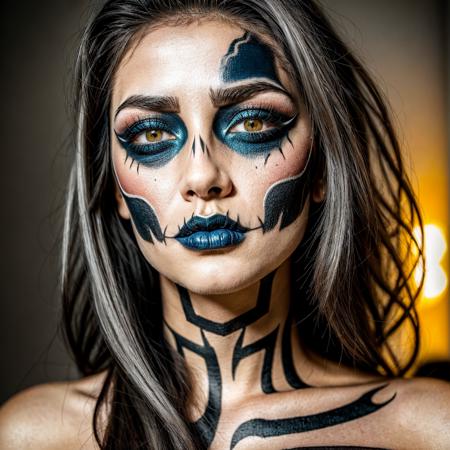  RAW photo, subject, 8k uhd, dslr, soft lighting, high quality, film grain, Fujifilm XT3,Ultra-detailed, Close-up portrait of a woman with striking symmetrical skull makeup.  One side of her face is painted in detailed black and white skull design, featuring intricate bone structure and teeth.  The other side of her face is a natural, light complexion.  Her light gray hair cascades around her shoulders.  Her expression is neutral and captivating,  with a subtly intense gaze.  She wears striking, vibrant, red lipstick, adding to the artistic appeal of the makeup.  The light-colored contact lenses with swirling designs further accentuate the unique artwork.  A small nose ring enhances the facial features.  The composition is centered, highlighting the dramatic contrast between the painted and natural sides of her face.  Soft, diffused lighting emphasizes the texture of the makeup and the subtle play of light on her skin.  The background is out of focus, suggesting a studio setting, with blurred soft light patterns.  The overall atmosphere is artistic and dramatic, evoking a feeling of both beauty and a Halloween-inspired theme.  Makeup style is dramatic, artistic, and detailed , blue hair