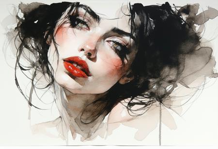 Ink art, watercolour, charcoal, realistic style. Petulant ingénue, sultry pout, teasing gaze directly challenging viewer. Intimate extreme close-up on expressive eyes, lips. Smudged charcoal background. Artistry evokes Egon Schiele's raw linework, Arthur Rackham's delicate watercolour washes. Soft directional light creates subtle chiaroscuro. Desaturated earth tones, stark black ink, muted crimson lips. Velvety charcoal smudges, translucent watercolour bleeds, matte paper. Playful defiance, intimate provocation: wisps of stray hair, knowing glint in her eyes.