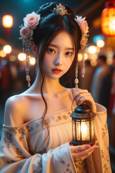 1girl, lantern, hair ornament, flower, hair flower, paper lantern, black hair, red lips, looking at viewer, chinese clothes, holding, dress, blurry, solo focus, long hair, black eyes, realistic, bare shoulders, white dress, lips, night, lipstick, outdoors, upper body, blurry background, solo, makeup, hair bun
<lora:å«£ææ¥¼:0.8>