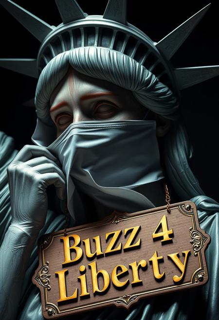 A highly detailed and dramatic portrait of the Statue of Liberty, focusing on her face in a macro close-up. The Statue of Liberty is unwrapping a large, non-surgical face mask, revealing the intricate and realistic facial muscle structure beneath. The mask is partially peeled away, exposing tendons, muscles, and sinews in high detail. Around her neck, a luxurious and ornate cardboard sign hangs with the text “Buzz 4 Liberty” elegantly embossed in gold lettering. The cardboard is richly decorated with intricate patterns and gilded edges, giving it an unexpectedly opulent appearance. The scene is lit with dramatic studio lighting, casting deep shadows and emphasizing the contrast between the statue’s iconic metal surface and the raw, exposed anatomy. The overall atmosphere is dark and unsettling, with a creepy, almost dystopian vibe that contrasts sharply with the rich, decorative sign.