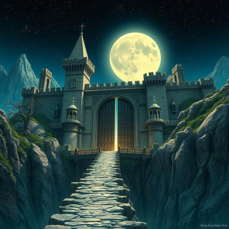 fantasy art, majestic, crystal clear, highly detailed image of an ancient castle excavated from the living rock of a rugged mountainside. its features detailed architectural elements such as battlements, towers and an immense iron gate, framed with dark wood,   which glows with mysterious runes.  The gate is accessible via a long, steep, path that crosses a bridge, straddling a steep ravine. The surrounding landscape is composed of steep, rocky cliffs, a few weather beaten trees and vines clinging to the hillside.  In the star studded inky blue sky a bright full moon illuminates the scene with a spectral radiance creating a dark, moody atmosphere, enhanced by the play of light and shadow.
