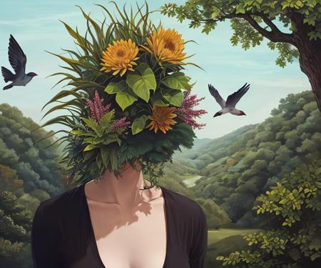 (masterpiece, illustration, high quality), (((a woman with plants in her hair covering her face, birds around, human_nature_lora))), forest, (depth of field), <lora:human_nature_l0ra:0.7>