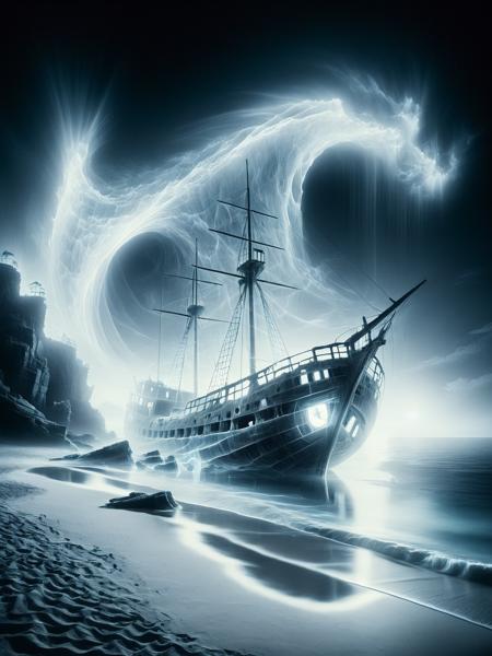 ais-ghostly shipwreck on a moonlit beach, with translucent waves crashing ashore <lora:Ghostly_Style_SDXL:1>