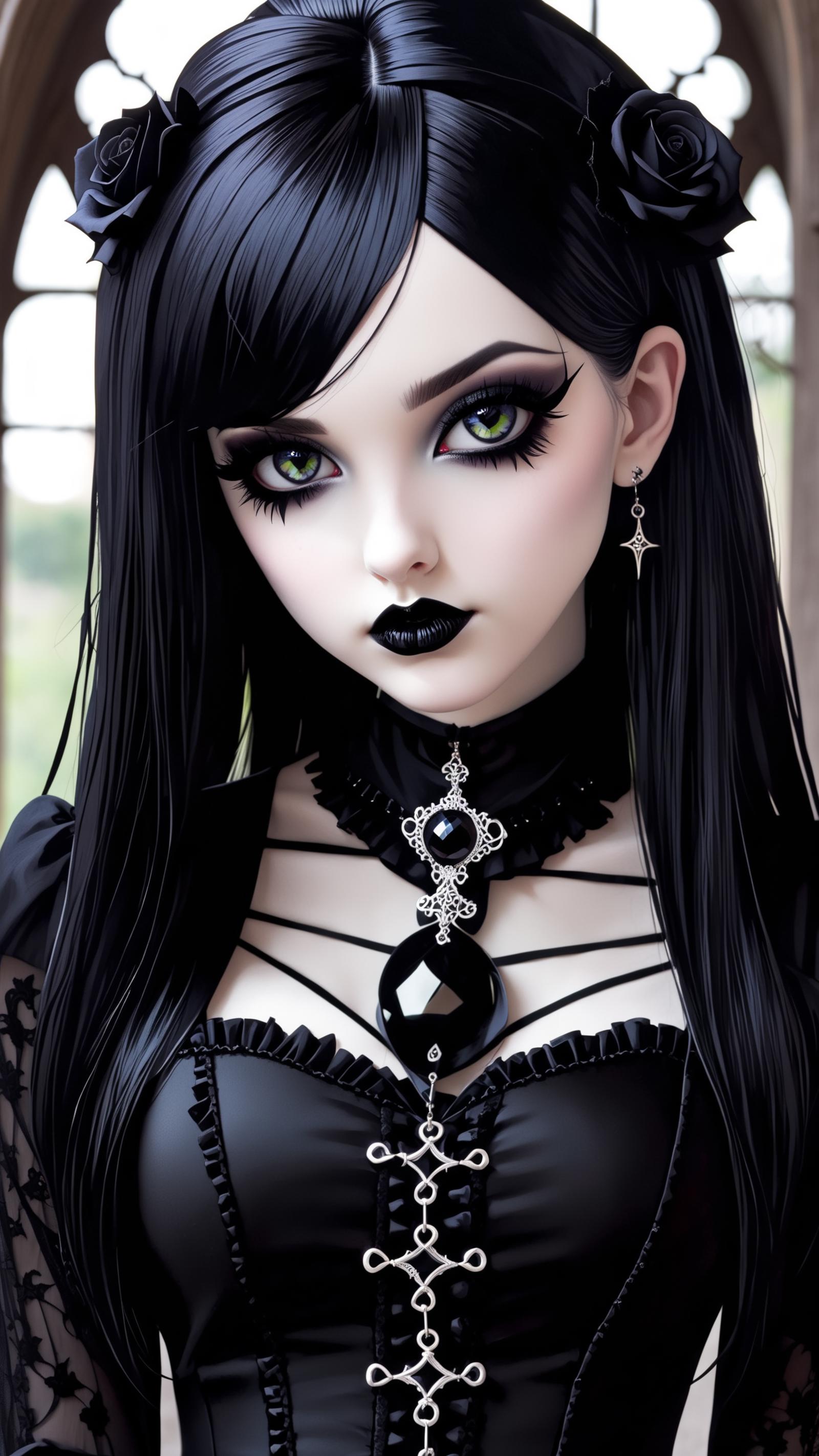 A woman with black hair and black lipstick wearing a black dress and a necklace with a cross pendant.