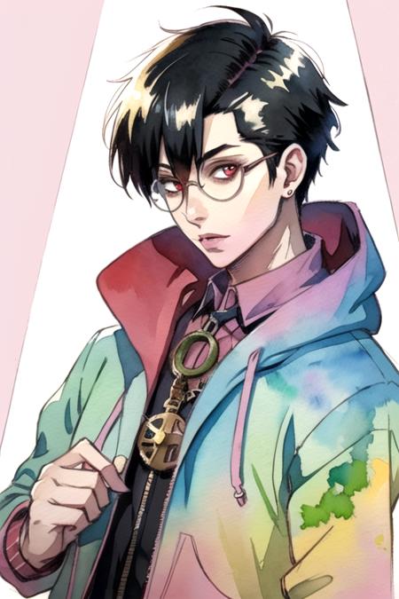 masterpiece, best quality, illustration, 1boy, solo, male focus, looking at viewer, , , (watercolor illustration, soft pastel colors:1.1), , <lora:braz_d_blood:0.66>, braz_d_blood, black hair, red eyes, glasses, , hoodie, cloche hat, steampunk,