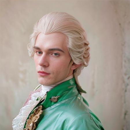 <lora:18th_Century_man_V0-000018:0.8> w16hsl1ps, 1boy, 1man, professional studio quality modeling headshot, 4K, 18th century clothes, historical wig, white hair, simple background, dramatic lighting, ultra realistic photograph, professional art, by Gucci photographer, close-up, pink lips, green coat,