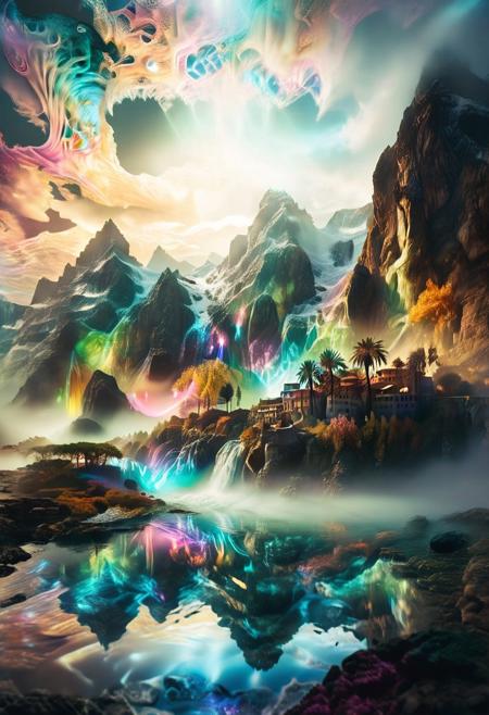 (by Ellen Jewett:1.5), (Bioluminescent Impressionism, Egyptian landscape, The Dreamland,, their peaks veiled in mist. mixed media, surrealism, great lighting, A surreal landscape highly detailed . extremely high-resolution details,  appears trapped in an optical illusion of reflections and refractions colorful , mountains and village in Turkey, professional photography, natural lighting, volumetric lighting maximalist. intricately detailed, complex, elegant, expansive, fantastical, waterfall, ethereal landscapes, depth of field, biotech emotion:1.3) <lora:xl_more_art-full_v1:0.5> <lora:add-detail-xl:1> <lora:RMSDXL_Creative:2>. GhostlyStyle