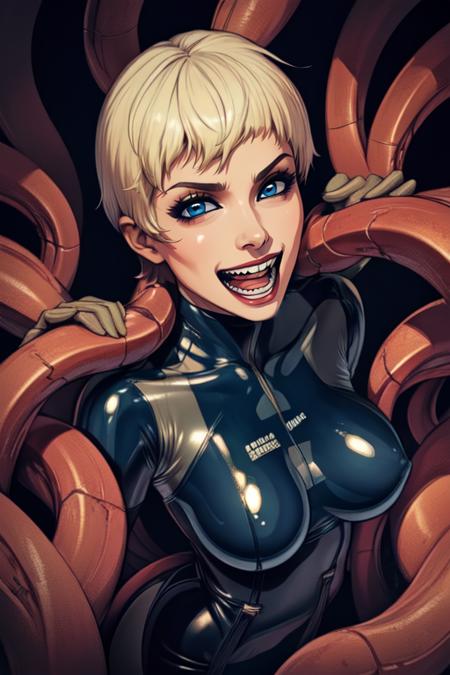 laingocpus, metal tentacles, black tentacles,    short hair, science fiction,  laughing,  teeth, 
tan bodysuit, skin tight, gloves,  latex,  from above, 
laboratory,  
(insanely detailed, beautiful detailed face, masterpiece, best quality) <lora:laughingoctopus:0.8>