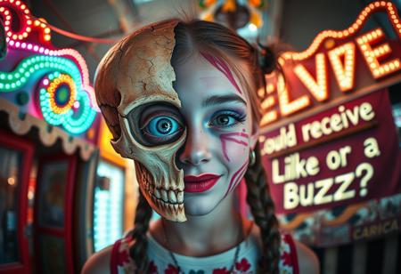 “A whimsical and surreal portrait of a girl with a distorted, comical face, featuring one eye larger than the other, vibrant face paint, and two playful braids in her hair. Half of her face is a real, bones skull, with detailed, decayed bone structure, exposing cracked and aged bones, and the skull appears lifelike yet worn with time. The other half is covered in exaggerated, colorful face paint. The skull gives off a gritty, almost macabre vibe, blending with the lively and hype atmosphere of the carnival. Captured using a 12mm fisheye cinematic prime lens for an exaggerated perspective. The setting is a lively carnival with neon lights, whimsical decorations, and a dreamy yet unsettling atmosphere. A rotten, old light banner in the background displays the text: ‘Could I receive a Like or Buzz?’ in flickering, uneven letters. The colors and contrasts are enhanced for a surreal effect, combining playful and eerie styles, with a mix of humor and dark visual artistry.”
