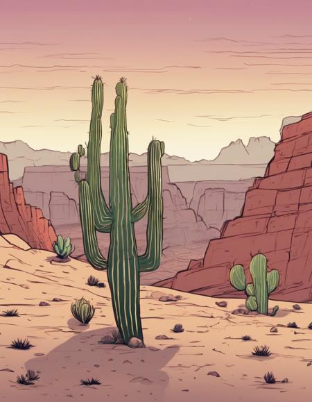 jsmn style, a lone cactus in a desert, canyon in backround