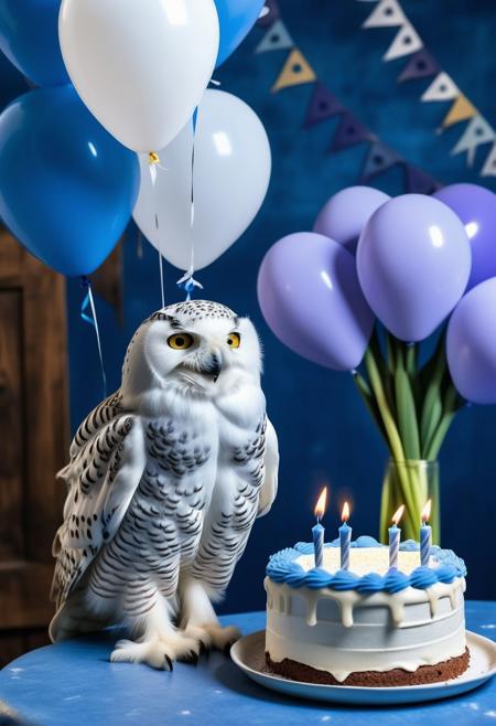Snowy owl perched on a table, a birthday cake with candles, a birthday present, blue and white balloons in the background, bouquet of iris flowers on the table
