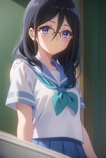 asukatanaka, <lora:asuka tanaka s2-lora-nochekaiser:1>,
asuka tanaka, long hair, black hair, blue eyes, glasses, semi-rimless eyewear, red-framed eyewear, over-rim eyewear, hair between eyes, smile,
BREAK skirt, shirt, school uniform, white shirt, short sleeves, pleated skirt, serafuku, sailor collar, blue skirt, neckerchief, blue sailor collar, school bag, green neckerchief, kitauji high school uniform,
BREAK indoors, classroom,
BREAK looking at viewer, (cowboy shot:1.5),
BREAK <lyco:GoodHands-beta2:1>, (masterpiece:1.2), best quality, high resolution, unity 8k wallpaper, (illustration:0.8), (beautiful detailed eyes:1.6), extremely detailed face, perfect lighting, extremely detailed CG, (perfect hands, perfect anatomy),