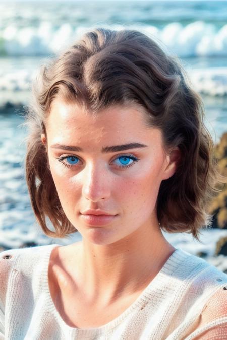 a beautiful young woman staring at you on the beach at midnight, a white knitted sweater, ocean in the background, (close up1:.1, head shot:1.1), (smiling:0.2), (candid, amateur), (raw, 8k, uhd, fujifilm xt3), <lora:sarahMcdaniel:1>