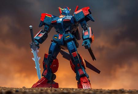 The image features a Dark Strike Fighter robot, standing in a dynamic pose against a Return from the Different Dimension background. The robot, primarily blue with red and orange accents, is prepared for action with its Metalmorph arms extended and legs bent at the knees. Its head is slightly turned, gazing into the distance with glowing blue eyes. Holding a Snowfall Sword, the robot's stance is further enhanced with a sense of solitude and readiness. The image is a high-resolution, 4K representation of exceptional quality, highlighting vivid colors and sharp details.
