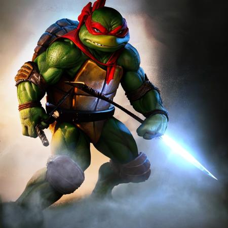 <lora:TMNTRaphael-10:0.8>(RAW photo, real life, absurdres, high quality, photorealistic, detailed, realistic:1.3), (solo:1.3), a high resolution photo of a TMNTRaphael, illustration, a teenage mutant ninja turtle with a red bandana mask with eye-holes 
 holding sai dagger weapons in each hand, standing in a dark room with a light shining on him, fight stance pose, cinematic, atmospheric, 8k, realistic lighting, shot by Hassleblad H6D, Zeiss, Kodachrome, nikon, 50mm 1.2 lens, Octane Render, ultra realistic, realistic lighting, photorealistic, photorealism, photoreal, unreal engine 5, Adobe After FX, highly detailed, intricate detail