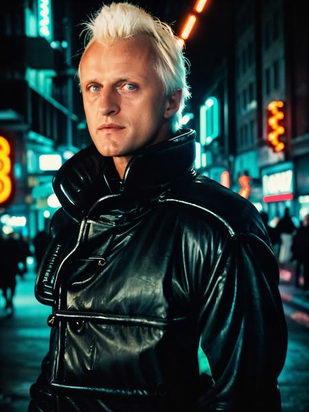 <lora:roy_batty-black jacket-29:1> roy_batty,black jacket,standing,city street,blade runner,neon lights,futuristic city,masterpiece,bokeh,dof,soft lighting