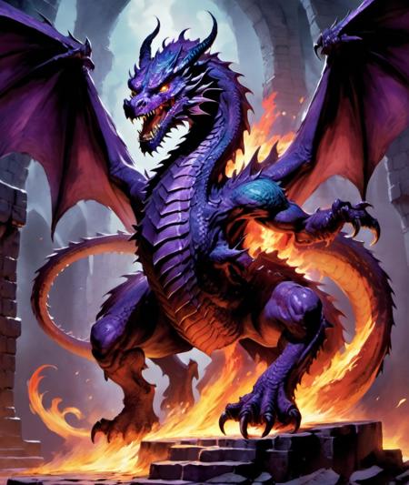, <lora:sdxl_neg_overfit_v1:1> (overfit style:3),            a purple fire dragon in a dungeon, badass, action pose, detailed background, Dungeons and Dragons,