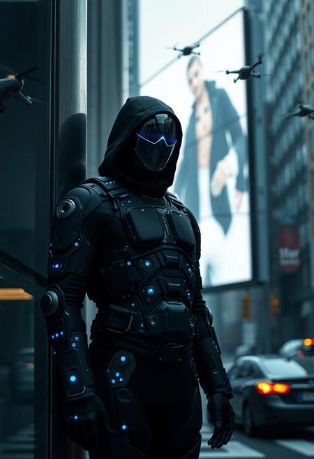 Null Node
A silent, gender-ambiguous figure clad in a jet-black full-body suit made of modular matte armor and glowing blue data nodes. Their face is obscured behind a featureless reflective mask with a single thin, blinking lens at the center, like a surveillance cyclops. Drones hover faintly around them. Standing in mid-glitch—edges fragmented like a corrupted hologram—Null Node leans in shadow against a digital billboard that flickers behind them, casting streaks of artificial light across their cloaked form in a city intersection gone silent.