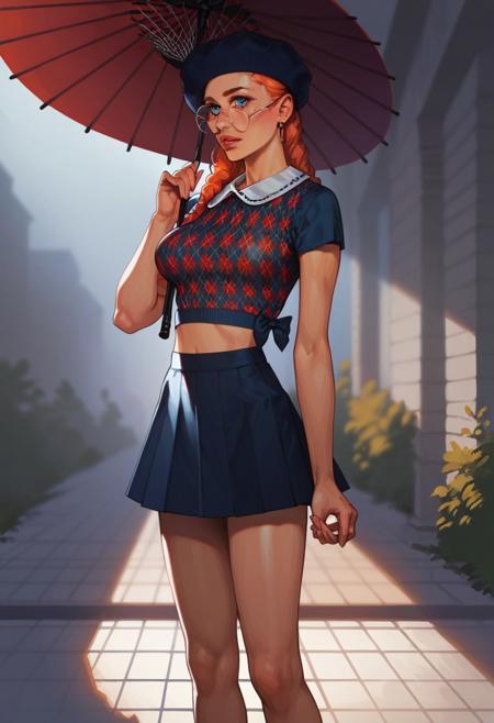 score_9, score_8_up, score_7_up, score_6_up, uncensored, high detail, smooth clear lines, art, character, masterpiece, perfect face, perfect eyes, sexy girl, 1girl, solo, light copper colour  hair, loose and slightly curly, blue eyes, medium breasts, firm buttocks, hud_n3rd, hat, crop top, midriff, skirt, upper body, round eyewear, bare feet, standing on a boardwalk, one hand holding a parasol, the other touching her hair, emphasizing her curves and silhouette against the background of ocean water and shining sun. Dynamic pose,