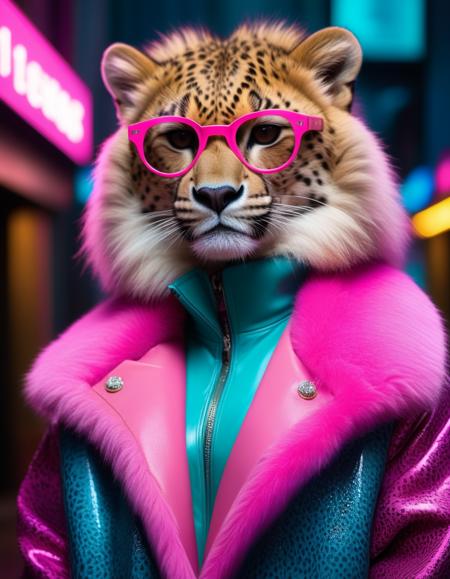 Neon noir <lora:AnimAl P FFusion (TX Encoder):0.33> <lora:AnimAl P FFusion-000002:1>araffe wearing glasses and a pink coat with a pink fur collar, realistic colorful photography, wearing animal skin clothing, humanoid cheetah, style of ian hubert, fursona wearing stylish clothes, portrait of a lisa frank, modern maximalist suit, lensculture portrait awards, by Christian W. Staudinger, style of jonathan solter, maximalist fashion basement . Cyberpunk, dark, rainy streets, neon signs, high contrast, low light, vibrant, highly detailed