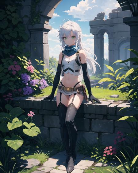 best quality, (masterpiece:1.2), illustration, absurdres,
(1girl, solo), (beautiful detailed girl),
<lora:Fie-08:0.8>, Fie Claussell, white hair, long hair, green eyes, flat chest, small breasts, petite, thin,
grey vest, blue scarf, white tube top, grey miniskirt, black thigh boots, garter straps, long gloves, black gloves,
magical forest, flowers, fairy ring, glowing plants, ancient ruins, stone ruins, sky, clouds