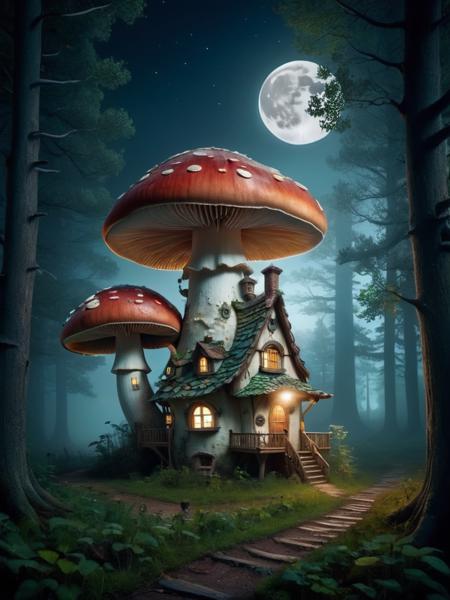 tree houses, trees, forest, mythical forest, mushroom kingdom, at night, moon background, fog background, mystical shadows, mushroomz  <lora:mushroomz:0.5>