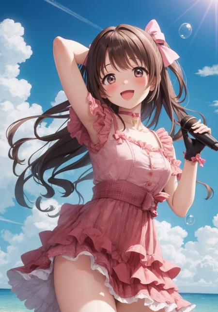 masterpiece,best quality,1girl ,very long hair,brown hair,one side up,
microphone, dress,smile, v, pink dress, gloves,arm up, blush, bow, holding microphone, sky, sun, frills, hair bow, collarbone, bubble, :d, blue sky, armpits,idol, flower, choker,layered dress, pink bow, frilled dress,cloud, short sleeves
 <lora:Shimamura_Uzuki_V1.5:1>