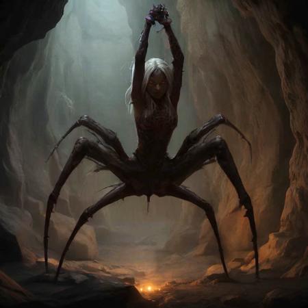 highly detailed photo of a (drider):1.1 in a cave,
1girl, solo:1.2, no humans, 
(spider legs, arthropod limbs, multiple legs):1.3,

long hair, (blue eyes):1.2,
white hair, dress,


looking at viewer,
elven female face, arachnid body has spider legs,

realistic:1.0, depth of field, blurry, blurry background,

light and dark,
silhouette lighting,
best quality, intricate details,
photorealistic:1.1, 
professional lighting:1.1,







