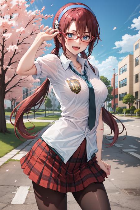 MikinamiPlug, 1girl, solo, long hair, brown hair, hairband, glasses, twintails, blue eyes, smile, medium breasts, red-framed eyewear, skirt, school uniform, necktie, plaid, plaid skirt, looking at viewer, open mouth, cowboy shot, pantyhose, thighhighs, zettai ryouiki, outdoors, day, clouds, cherry blossom trees, school, campus, buildings, frills
 <lora:MikinamiPlug:0.8>