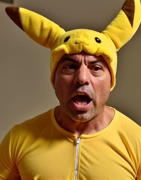 <lora:Joe Rogan - Trigger w Joerogan Person:1>Closeup of joerogan person wearing a yellow Pikachu costume and making a shocked facial expression.